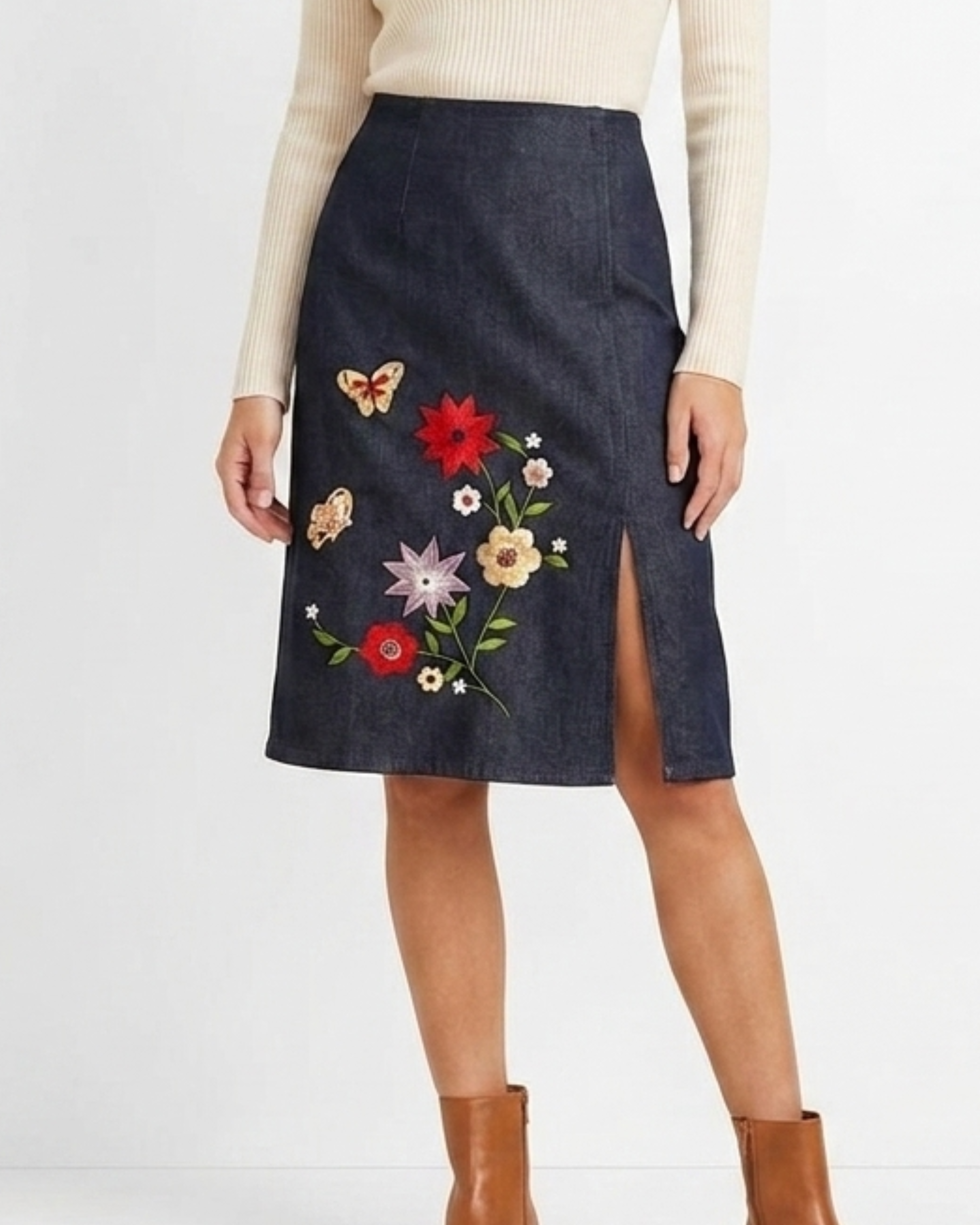 Knee Length Denim Embroidery Skirt