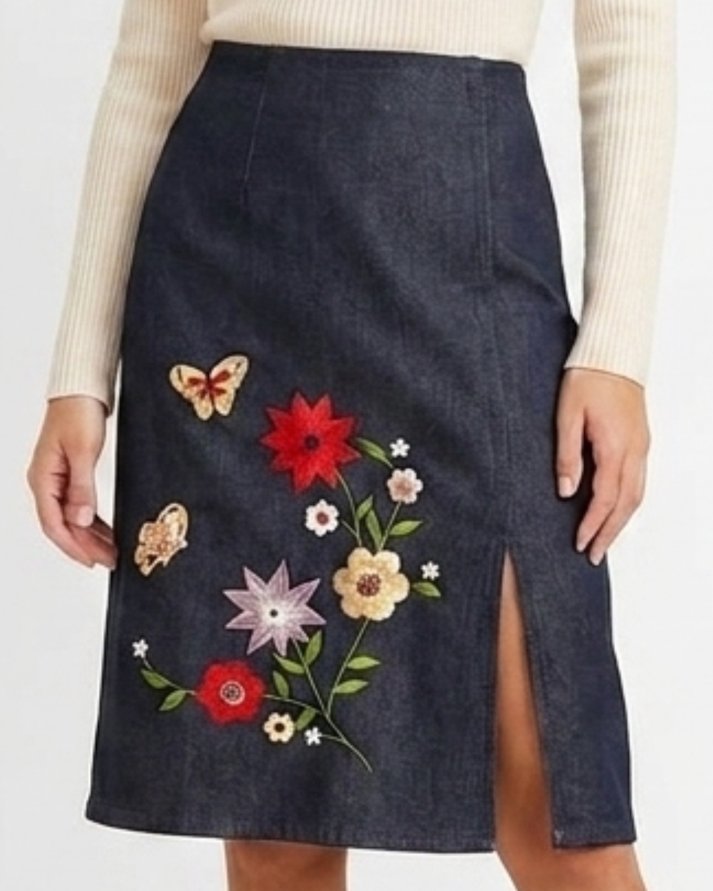 Knee Length Denim Embroidery Skirt