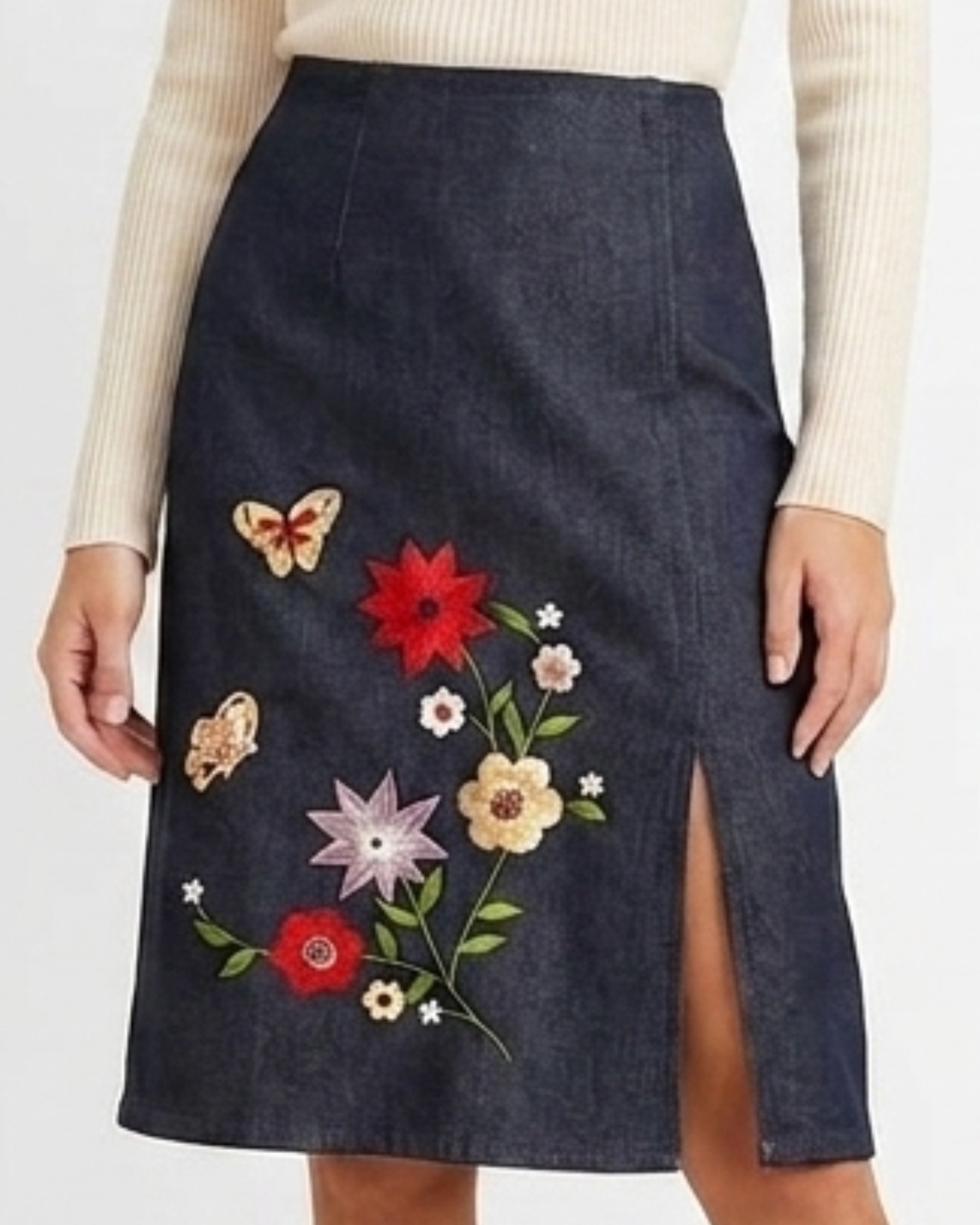 Knee Length Denim Embroidery Skirt