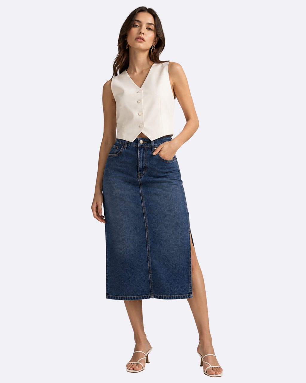 Side Cut Dark-blue Denim Skirt