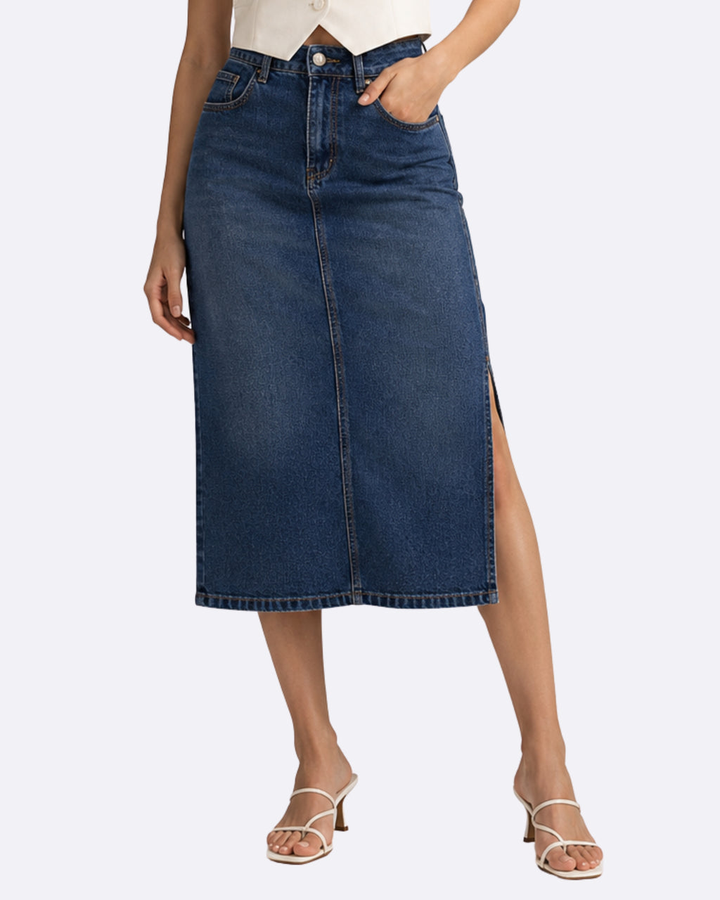 Side Cut Dark-blue Denim Skirt
