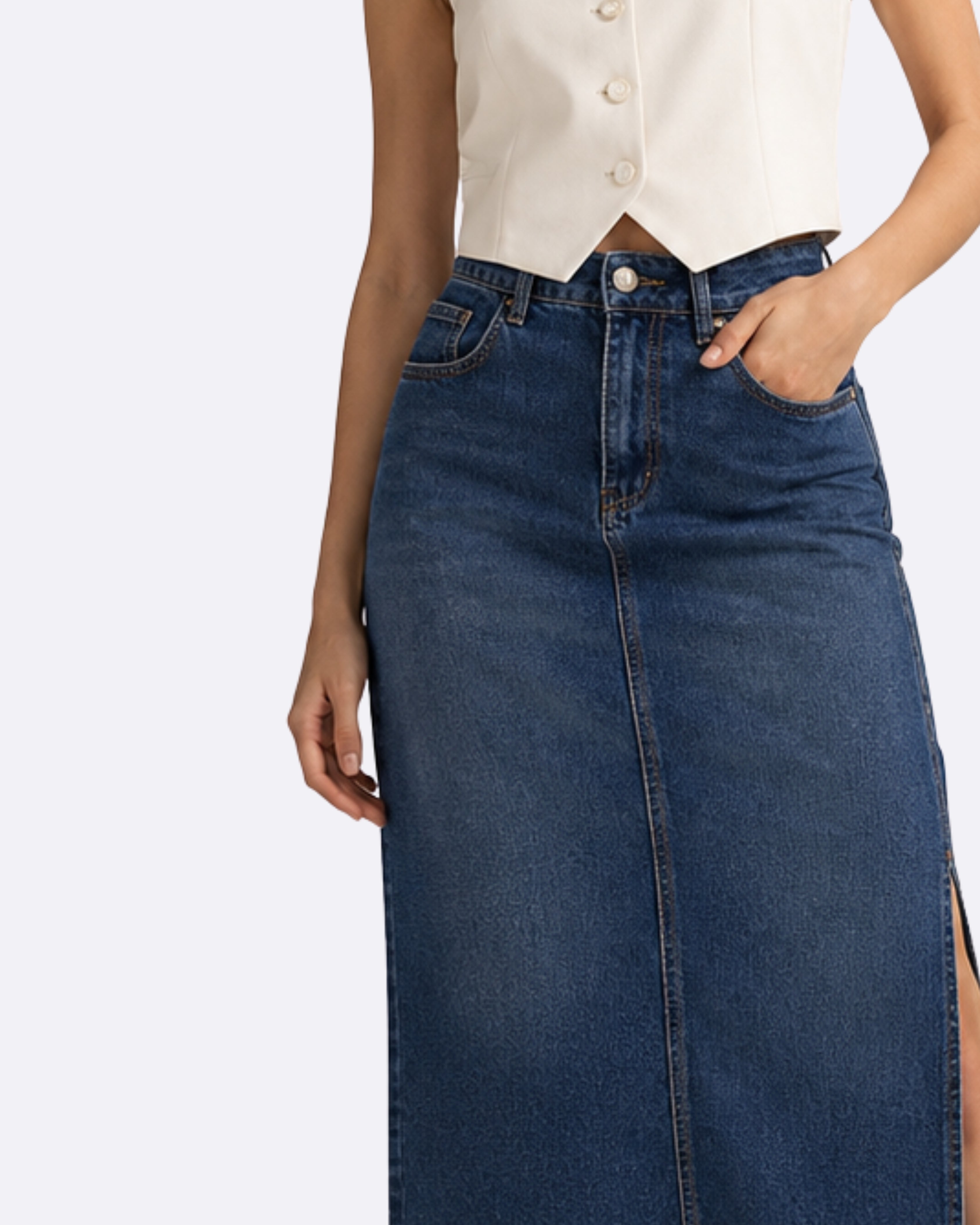 Side Cut Dark-blue Denim Skirt