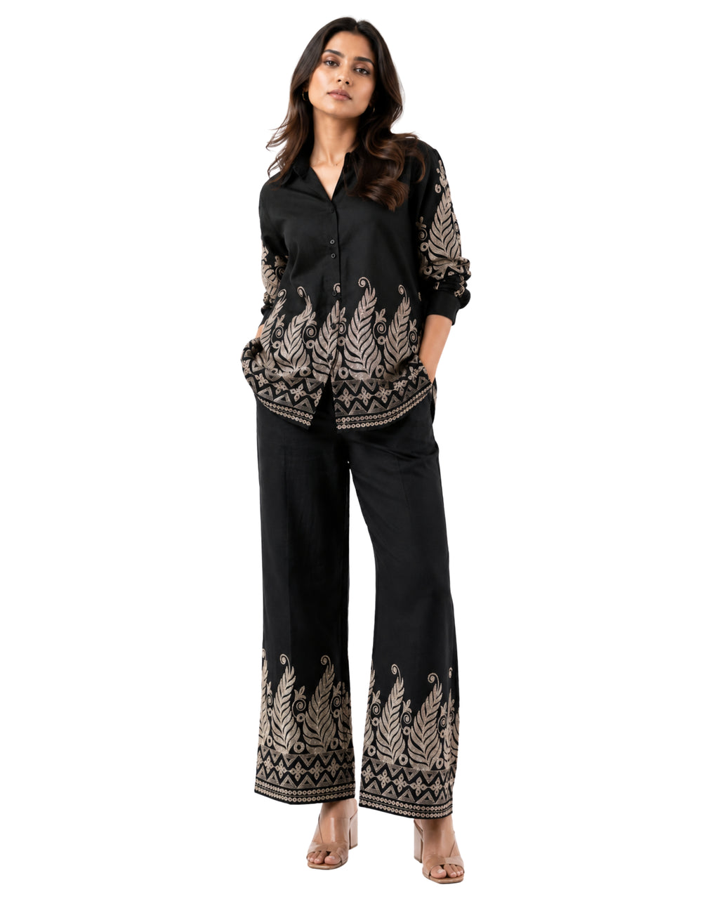 Korean Heavy Embroidery Cord-Set Black