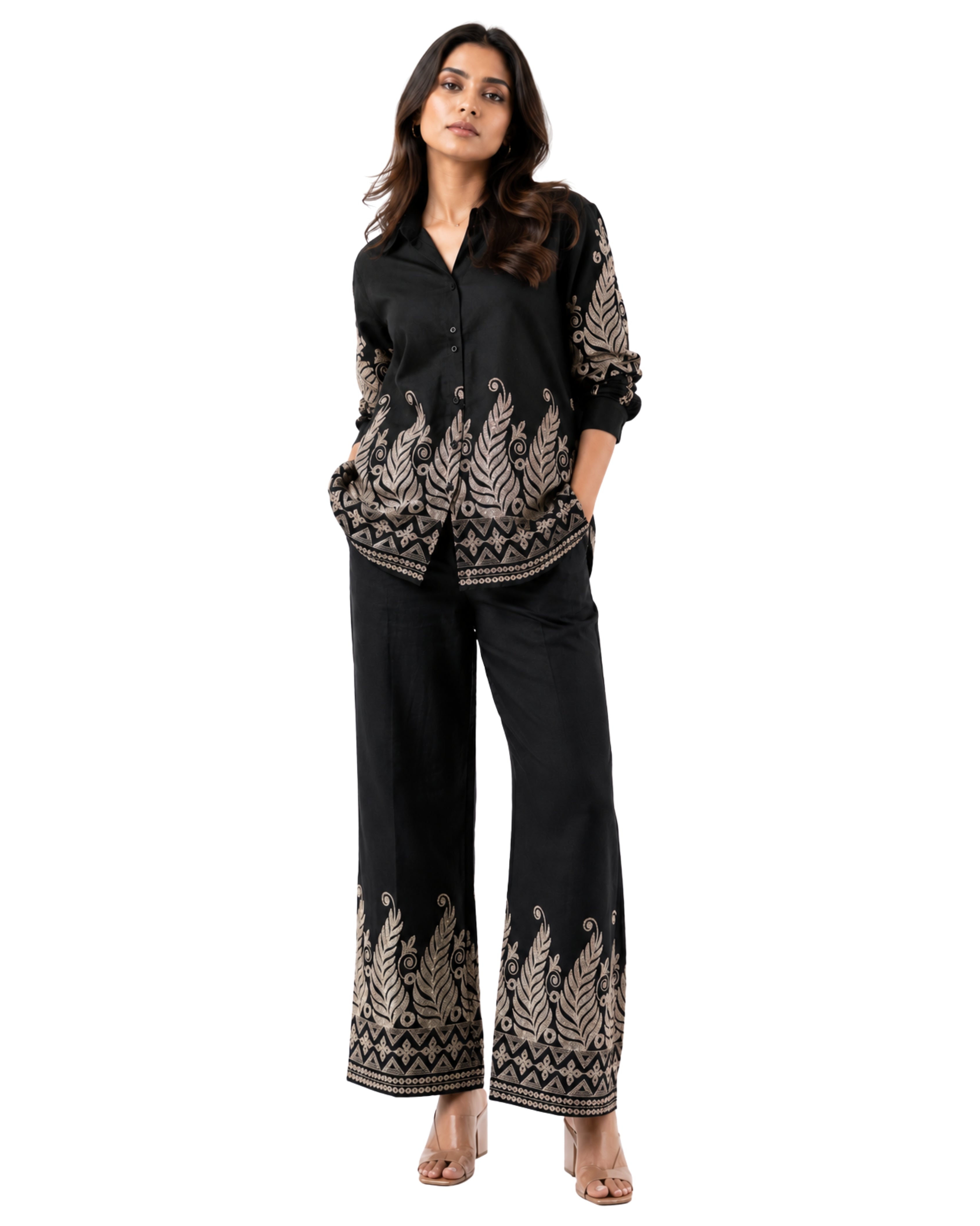 Korean Heavy Embroidery Cord-Set Black