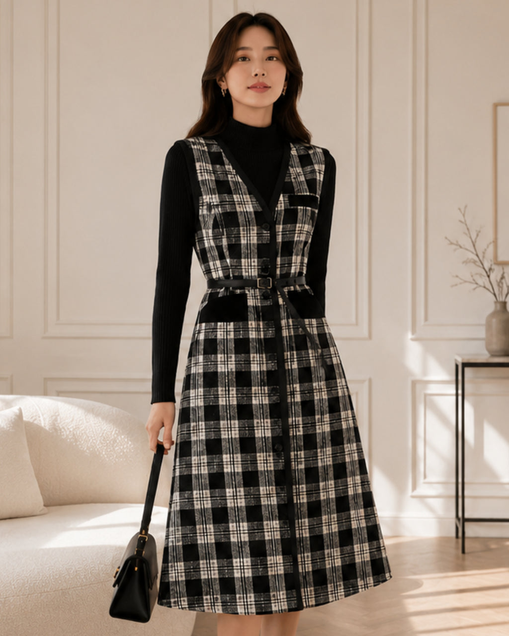 Check Dress Black